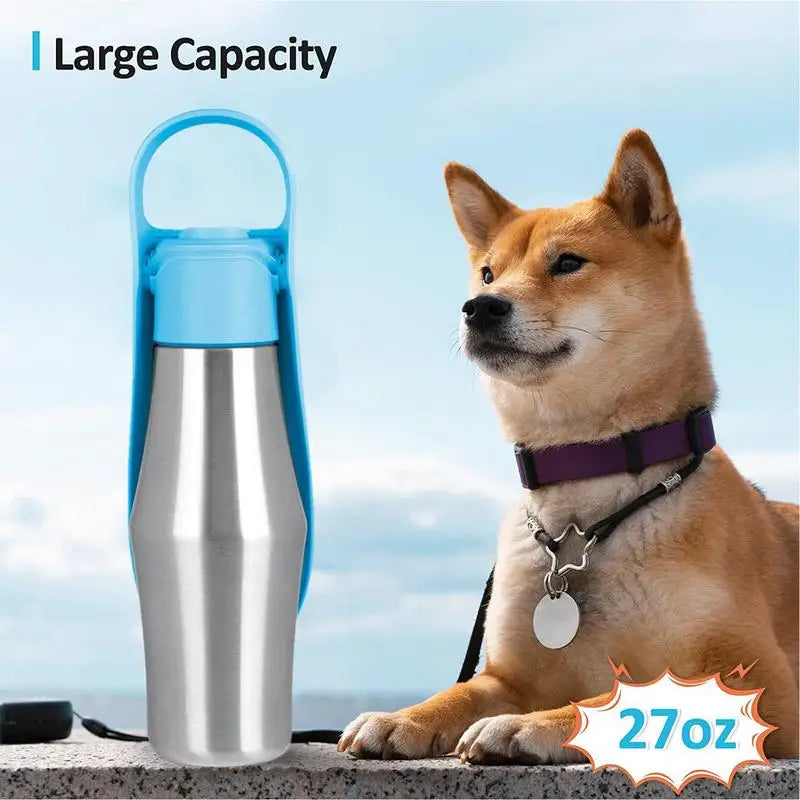 Portable Dog Water Bottle - 750ml (27oz) Stainless Steel Travel Water Dispenser with Leaf Shape Bowl for Small & Large Dogs