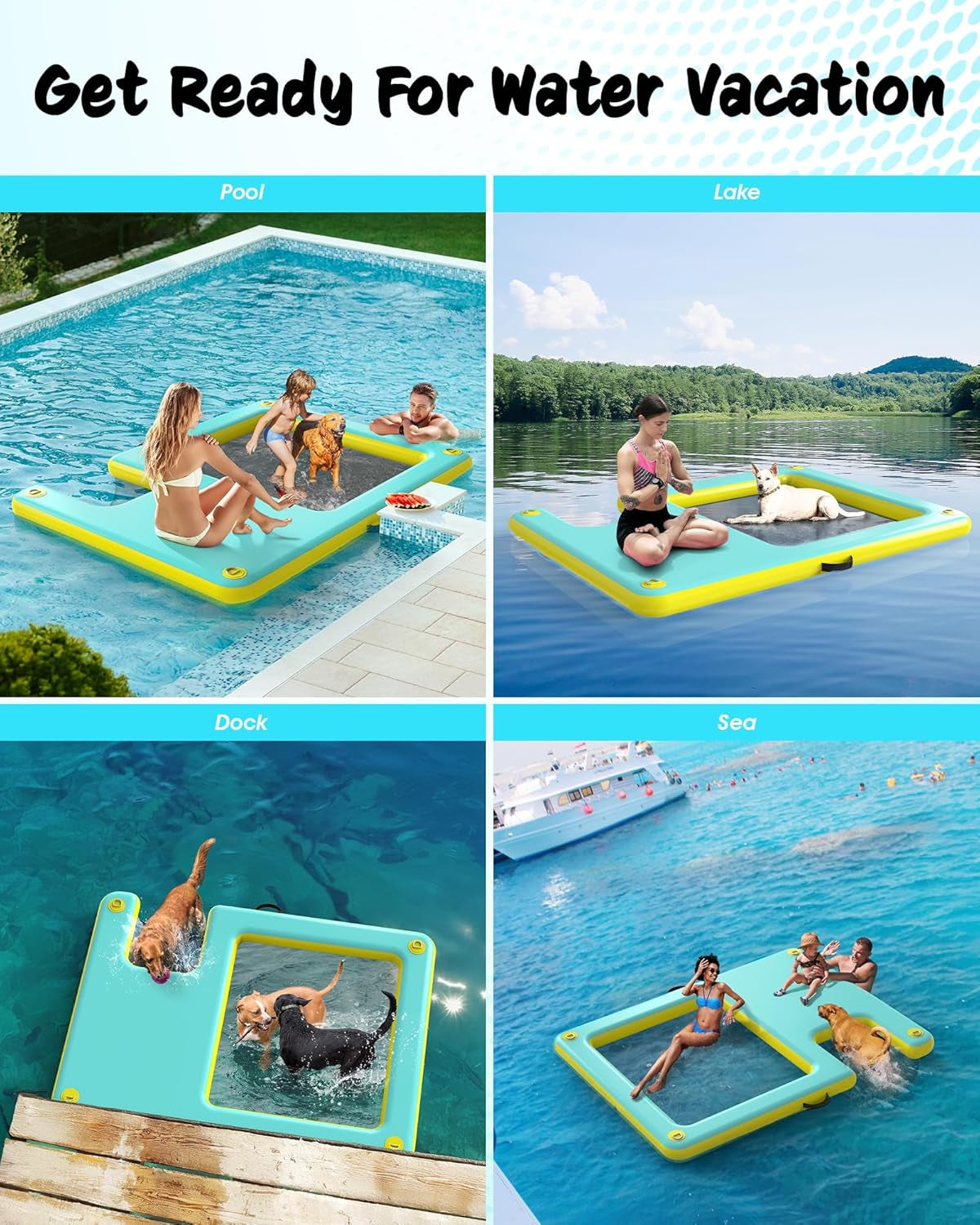 Lesotc Inflatable Floating Platform with Dog Ramp – 8ft x 6ft | 287 lbs Capacity | Non-Slip Water Access for Pets & Humans
