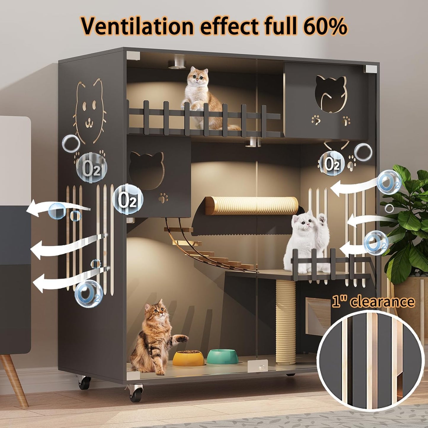 Luxury Wooden Cat House with Glass Doors & LED Lighting | Spacious, Mobile Cat Condo for Comfortable Living
