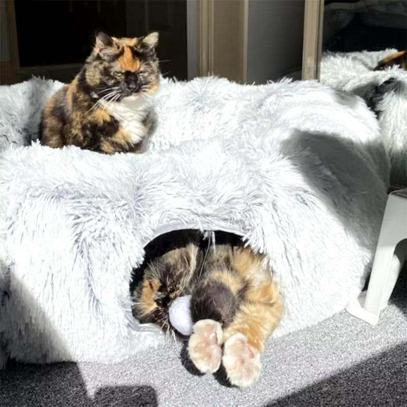 Plush Cat Bed with Tunnel – Cozy & Removable Washable Cushion for Cats, Dogs, and Small Pets