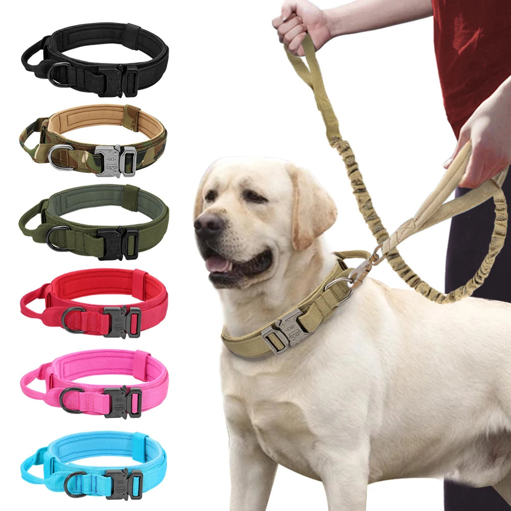Military Tactical Dog Collar & Bungee Leash Set – Nylon Training Collar for Medium to Large Dogs