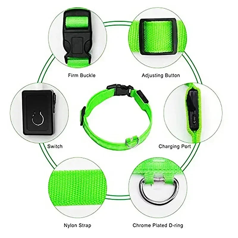 LED Glowing Dog Collar - Rechargeable Night Safety Flashing Pet Collar for Small Dogs with Adjustable Sizes