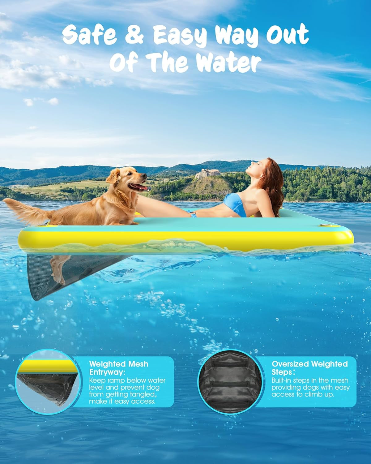 Lesotc Inflatable Floating Platform with Dog Ramp – 8ft x 6ft | 287 lbs Capacity | Non-Slip Water Access for Pets & Humans