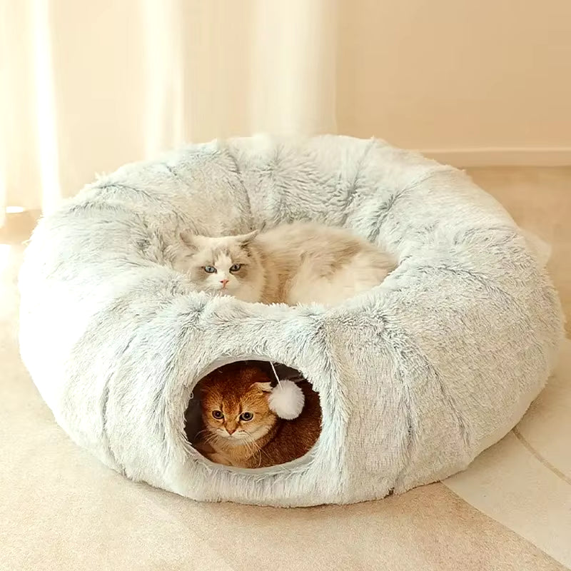 Plush Cat Bed with Tunnel – Cozy & Removable Washable Cushion for Cats, Dogs, and Small Pets
