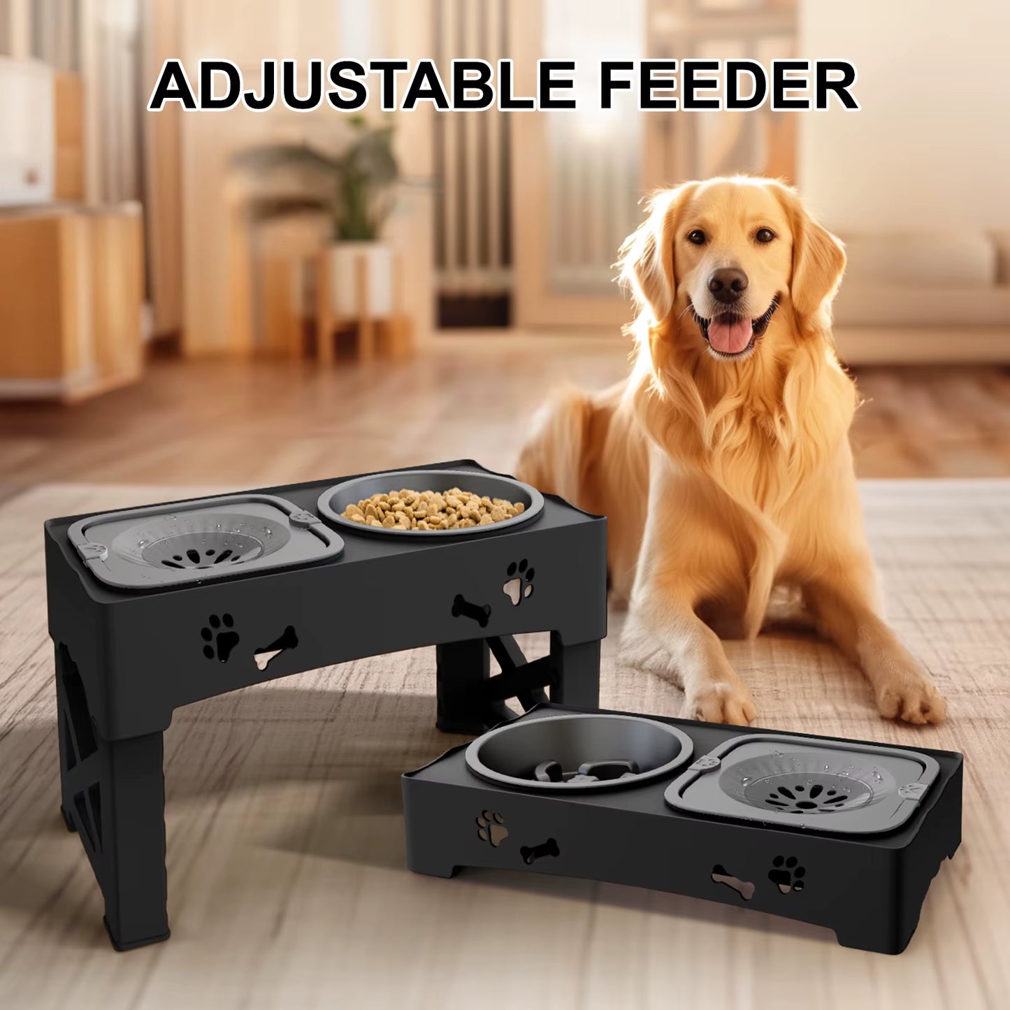 Adjustable Pet Feeder with Slow Feed Bowls | 3-in-1 Double Bowls | Foldable & Height Adjustable for Pets