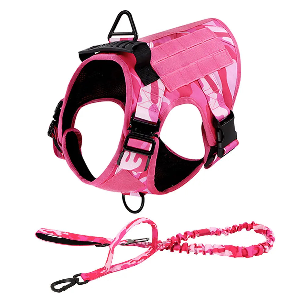 Military Dog Pink Harness & Leash Set – Adjustable Tactical Vest for Medium/Large Dogs