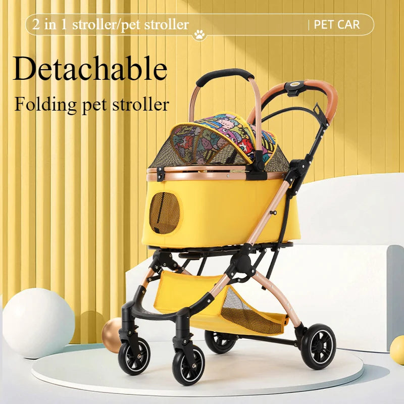 2-in-1 Pet Stroller – Portable Dog & Cat Bassinet with Canopy & Brake, One-Click Folding
