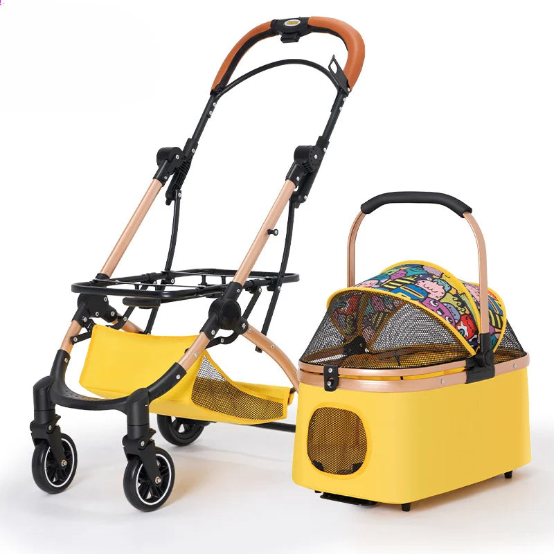 2-in-1 Pet Stroller – Portable Dog & Cat Bassinet with Canopy & Brake, One-Click Folding