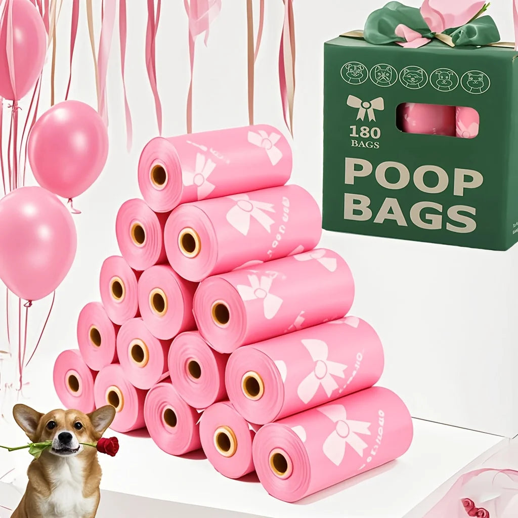 Thick & Durable Pet Poop Bags with Pink Bows – Leakproof Dog & Cat Waste Bags for Outdoor Walks, Multiple Sizes