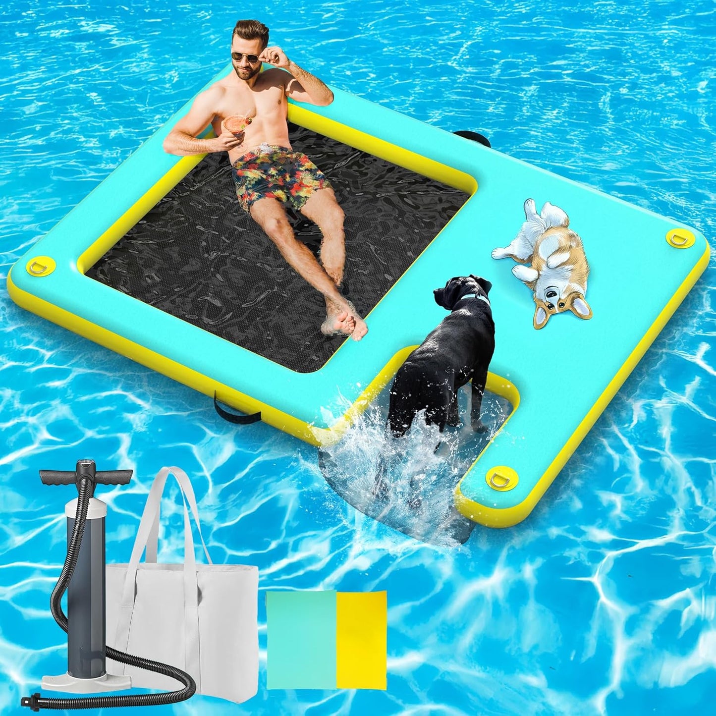 Lesotc Inflatable Floating Platform with Dog Ramp – 8ft x 6ft | 287 lbs Capacity | Non-Slip Water Access for Pets & Humans