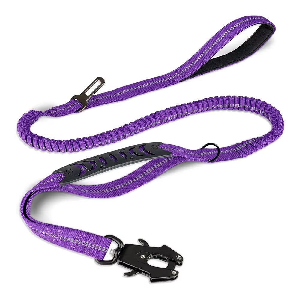 Reflective Bungee Dog Leash – Heavy Duty Tactical Leash with Car Seatbelt for Large Dogs