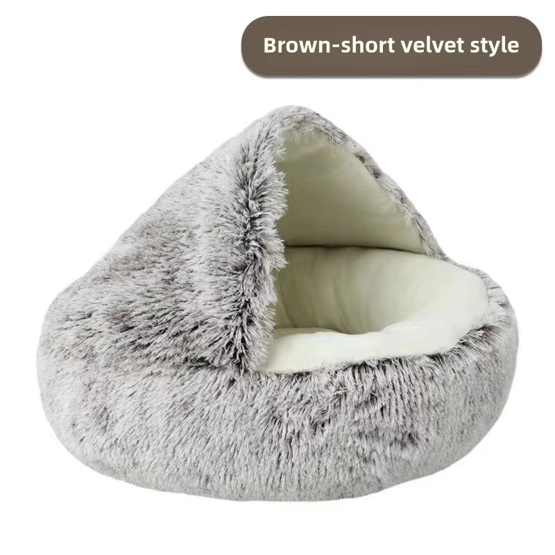 Autumn & Winter Plush Pet Bed – Warm, Semi-Enclosed Cat Nest