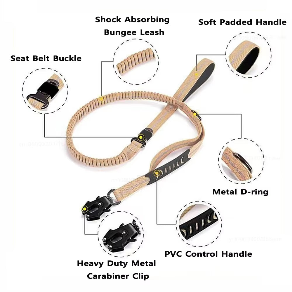 Reflective Bungee Dog Leash – Heavy Duty Tactical Leash with Car Seatbelt for Large Dogs