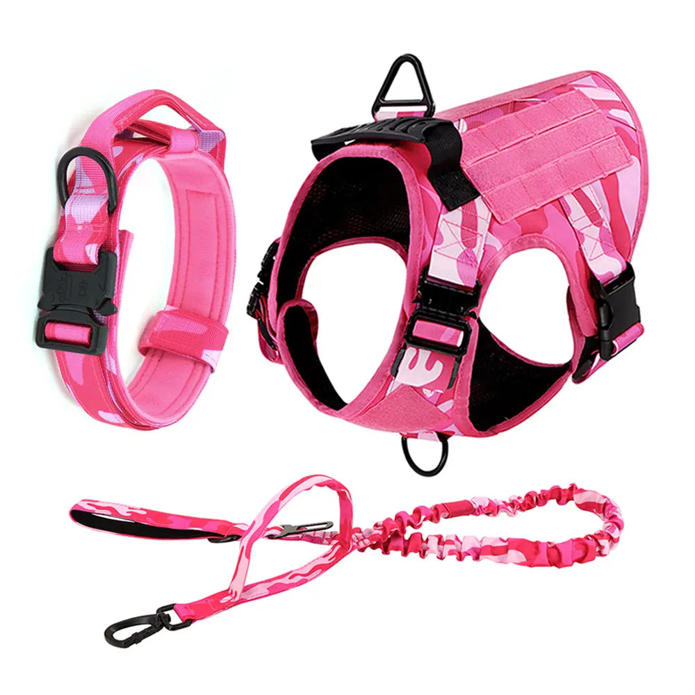 Military Dog Pink Harness & Leash Set – Adjustable Tactical Vest for Medium/Large Dogs