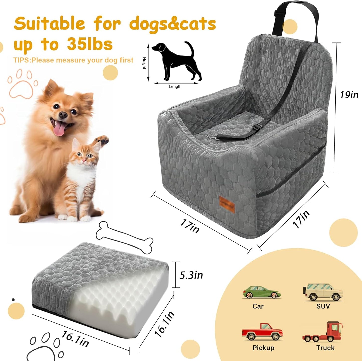 Memory Foam Dog Car Seat for Small & Medium Dogs – Washable, Adjustable, Comfortable Pet Booster Seat for Safe Car Travel
