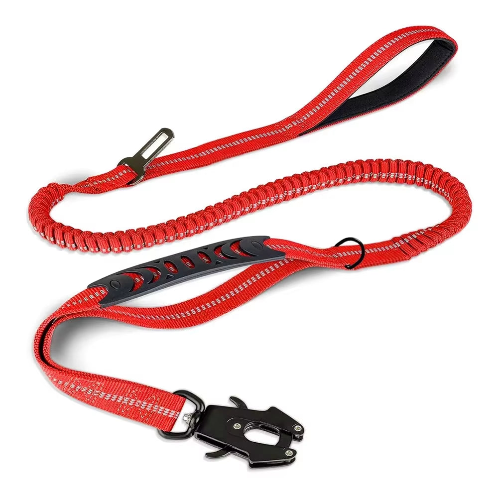 Reflective Bungee Dog Leash – Heavy Duty Tactical Leash with Car Seatbelt for Large Dogs