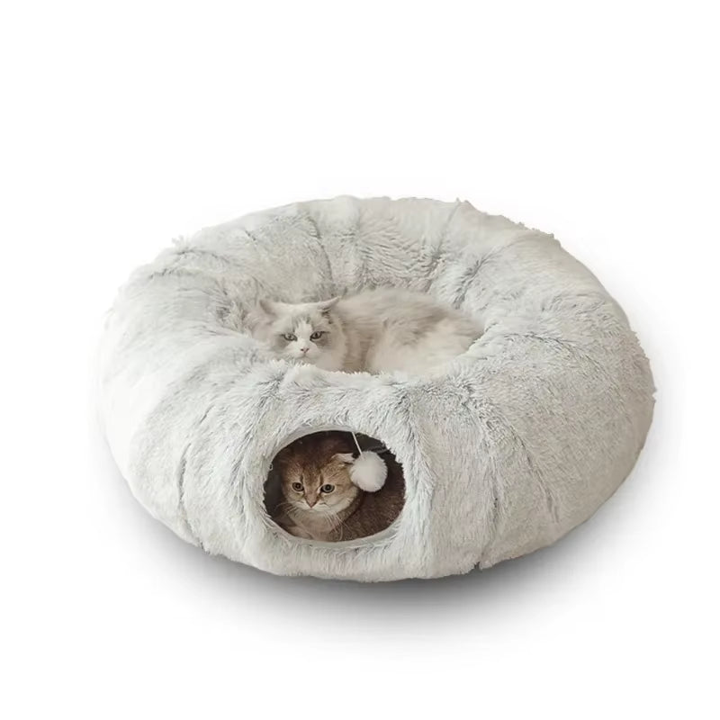 Plush Cat Bed with Tunnel – Cozy & Removable Washable Cushion for Cats, Dogs, and Small Pets