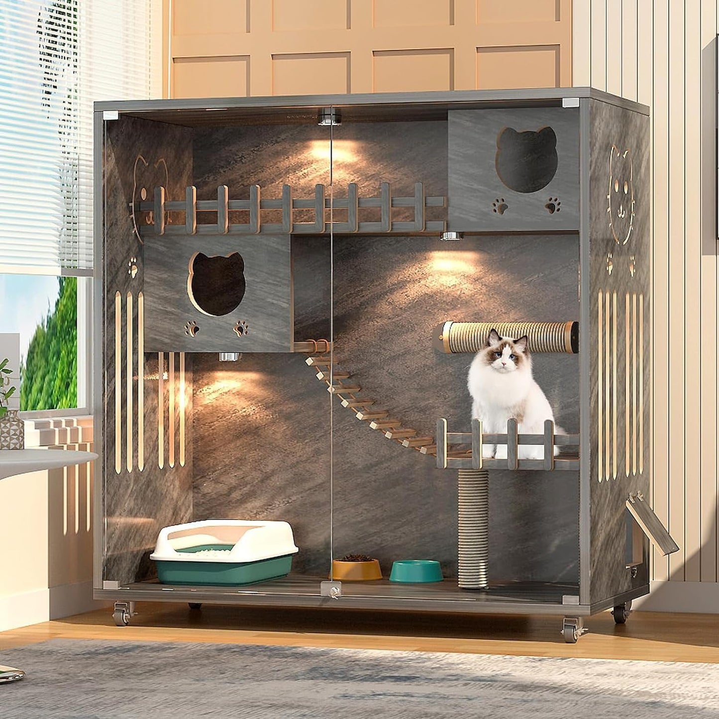 Luxury Wooden Cat House with Glass Doors & LED Lighting | Spacious, Mobile Cat Condo for Comfortable Living