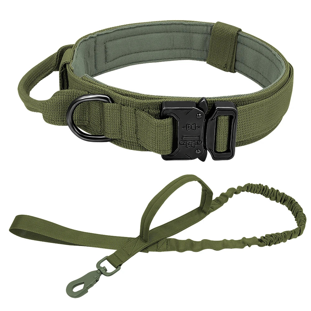 Military Tactical Dog Collar & Bungee Leash Set – Nylon Training Collar for Medium to Large Dogs