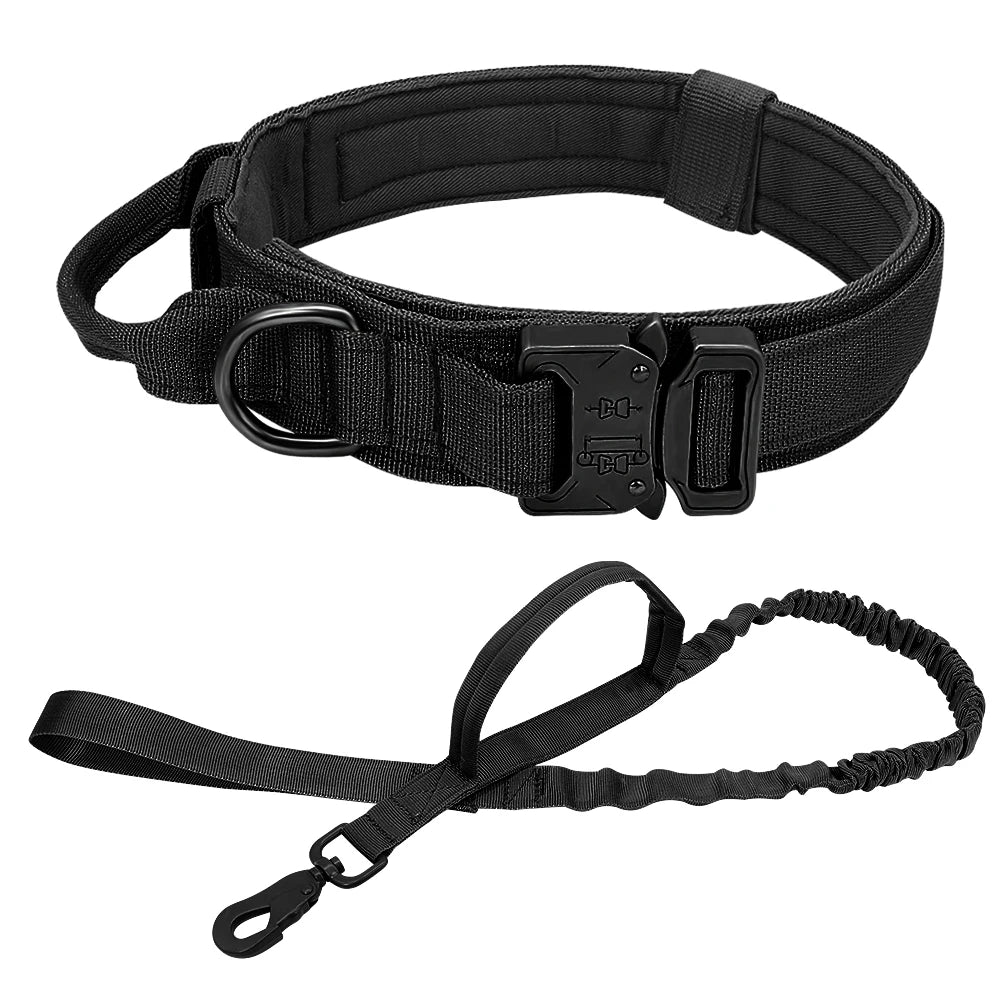 Military Tactical Dog Collar & Bungee Leash Set – Nylon Training Collar for Medium to Large Dogs