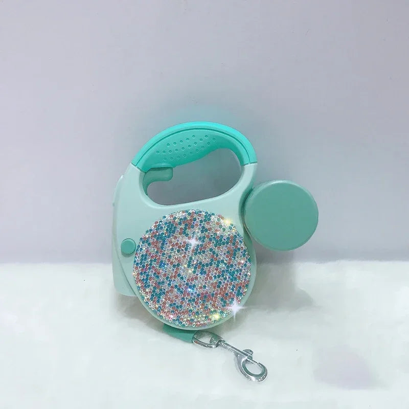 Sparkling Rhinestone Automatic Retractable Pet Leash with LED Light and Garbage Bag Dispenser – 5M Leash for Dogs & Cats