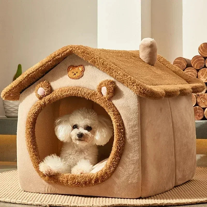 Cartoon Folding House for Dogs & Cats – Cozy Winter Kennels, Mattresses, and Pet Baskets