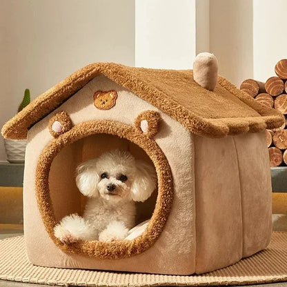 Cartoon Folding House for Dogs & Cats – Cozy Winter Kennels, Mattresses, and Pet Baskets