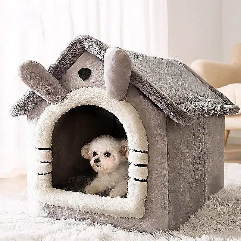 Cartoon Folding House for Dogs & Cats – Cozy Winter Kennels, Mattresses, and Pet Baskets