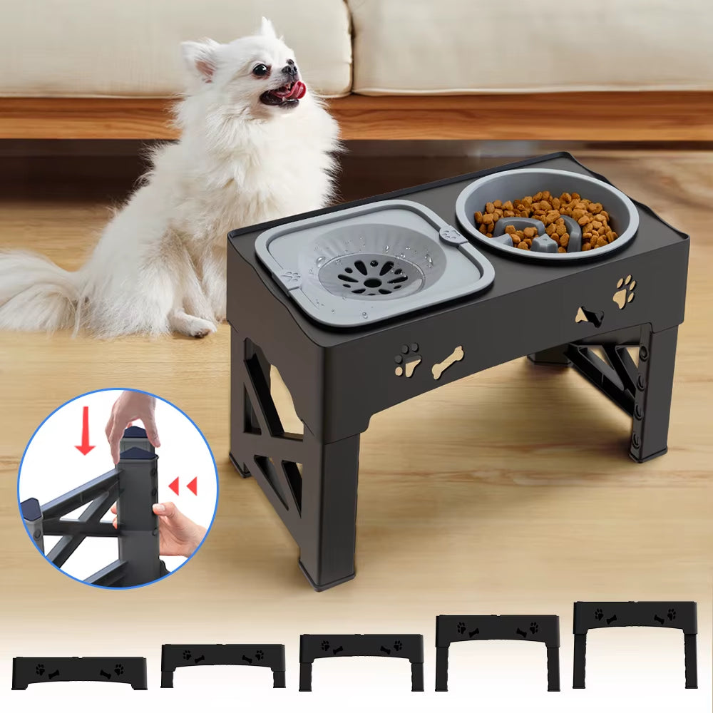 Adjustable Pet Feeder with Slow Feed Bowls | 3-in-1 Double Bowls | Foldable & Height Adjustable for Pets