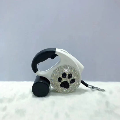 Sparkling Rhinestone Automatic Retractable Pet Leash with LED Light and Garbage Bag Dispenser – 5M Leash for Dogs & Cats