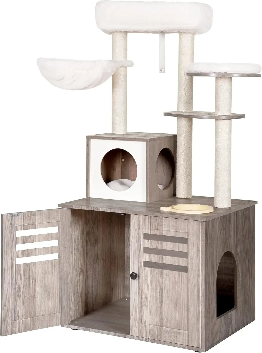 All-in-One Cat Tree Furniture with Litter Box Storage & Feeding Station | Modern Cat Condo for Kittens & Cats