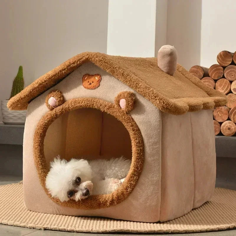 Cartoon Folding House for Dogs & Cats – Cozy Winter Kennels, Mattresses, and Pet Baskets