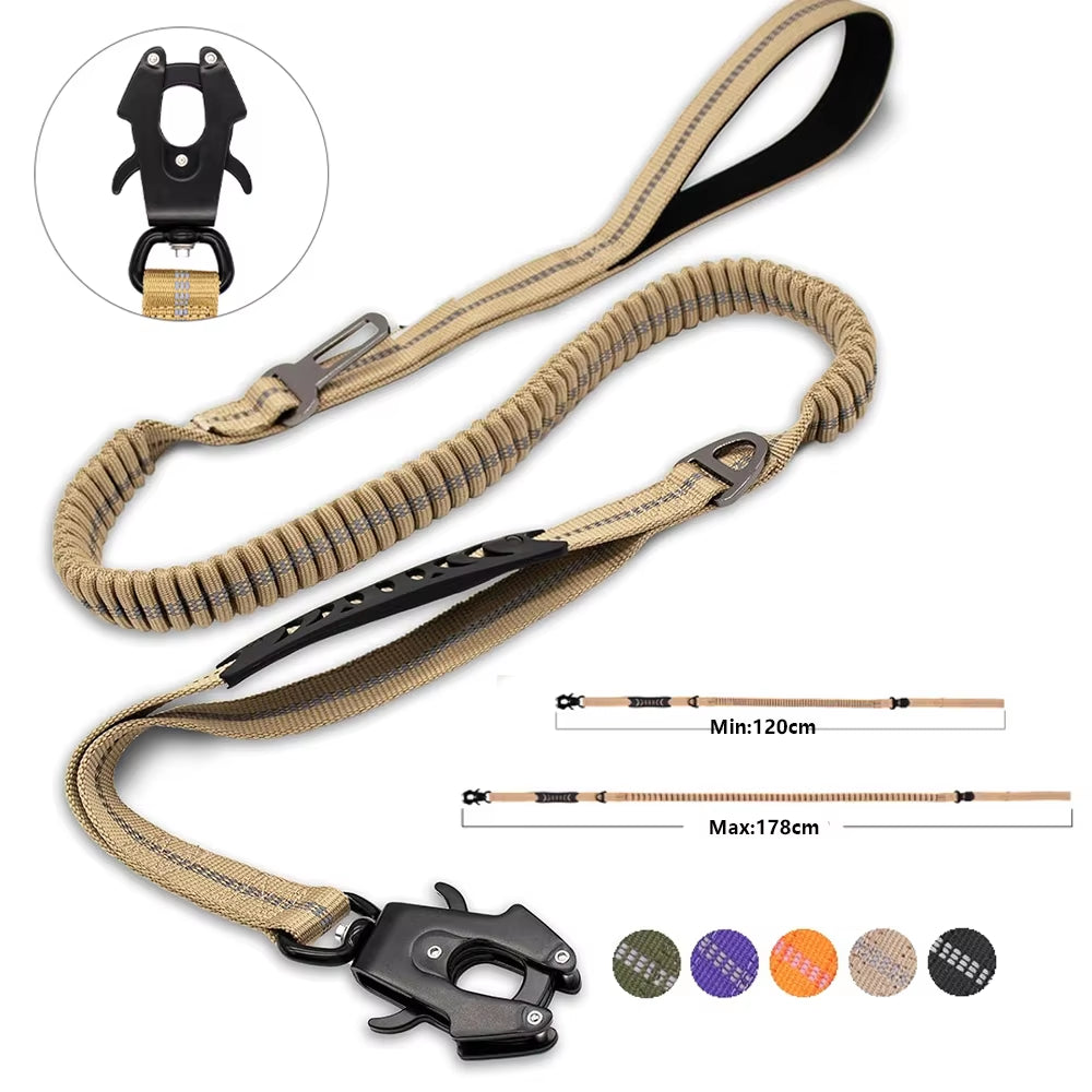 Reflective Bungee Dog Leash – Heavy Duty Tactical Leash with Car Seatbelt for Large Dogs