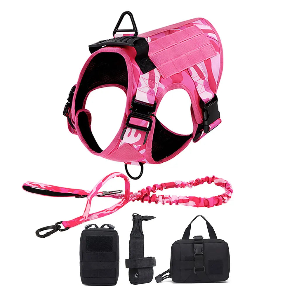 Military Dog Pink Harness & Leash Set – Adjustable Tactical Vest for Medium/Large Dogs