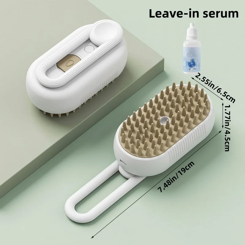 Hair care product set with brush, container, and leave-in serum on a light green background