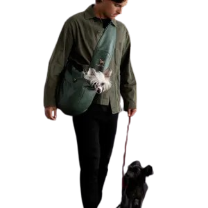 Luxury Dog Sling Carrier for Small Dogs - Adjustable Padded Strap, Vegan Leather, Breathable Plush, 3X Safety Features (Dark Green)