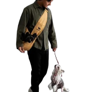 Luxury Dog Sling Carrier for Small Dogs - Adjustable Padded Strap, Vegan Leather, Breathable Plush, 3X Safety Features (Beige)