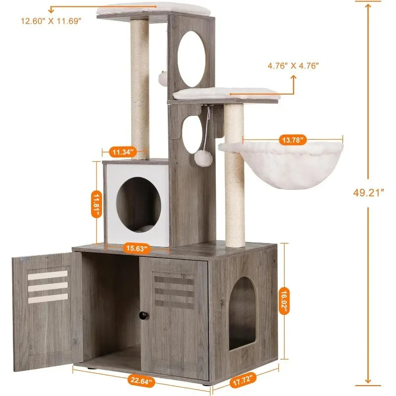 All-in-One Cat Tree Furniture with Litter Box Storage & Feeding Station | Modern Cat Condo for Kittens & Cats