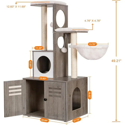 All-in-One Cat Tree Furniture with Litter Box Storage & Feeding Station | Modern Cat Condo for Kittens & Cats