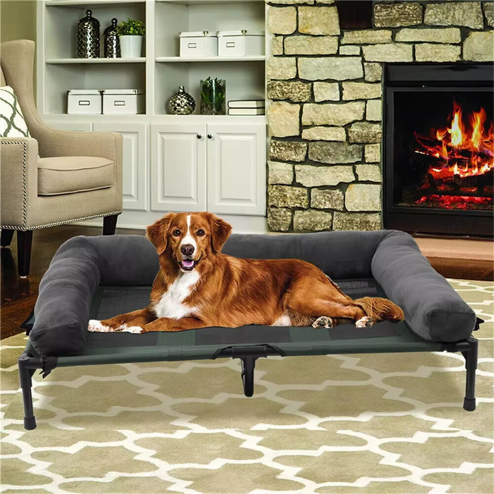 Elevated Outdoor Dog Bed – Cooling Raised Pet Lounger with Detachable Plush Bolster for Summer & Winter