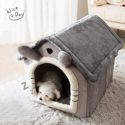 Cartoon Folding House for Dogs & Cats – Cozy Winter Kennels, Mattresses, and Pet Baskets