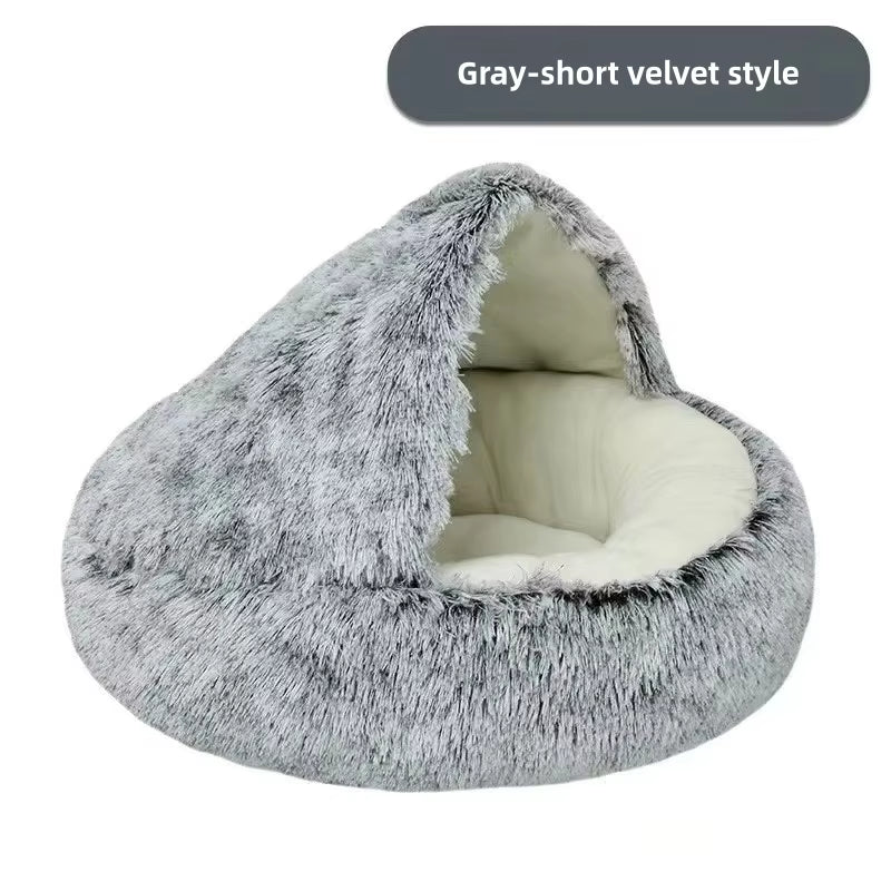 Autumn & Winter Plush Pet Bed – Warm, Semi-Enclosed Cat Nest