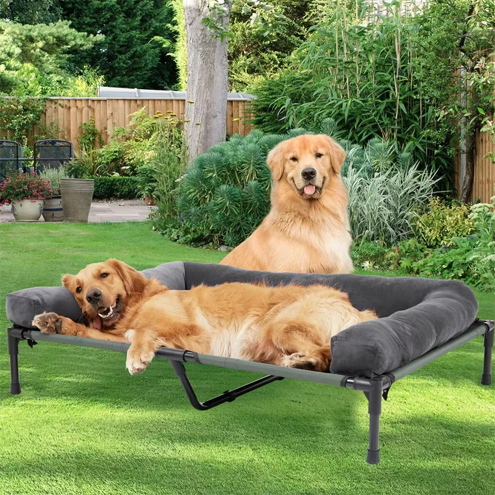 Elevated Outdoor Dog Bed – Cooling Raised Pet Lounger with Detachable Plush Bolster for Summer & Winter