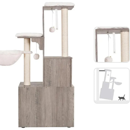 All-in-One Cat Tree Furniture with Litter Box Storage & Feeding Station | Modern Cat Condo for Kittens & Cats