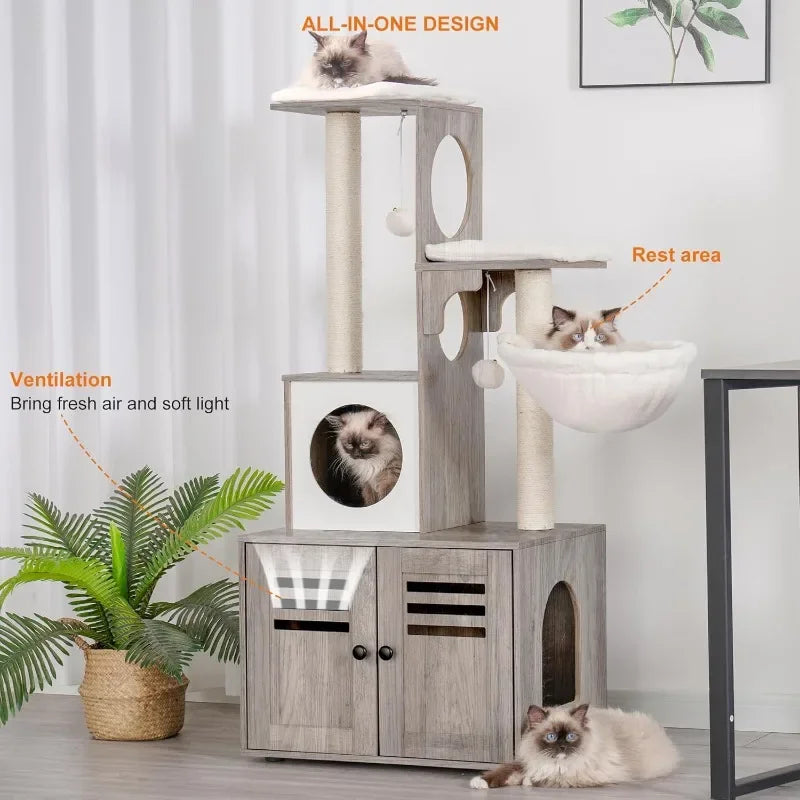 All-in-One Cat Tree Furniture with Litter Box Storage & Feeding Station | Modern Cat Condo for Kittens & Cats