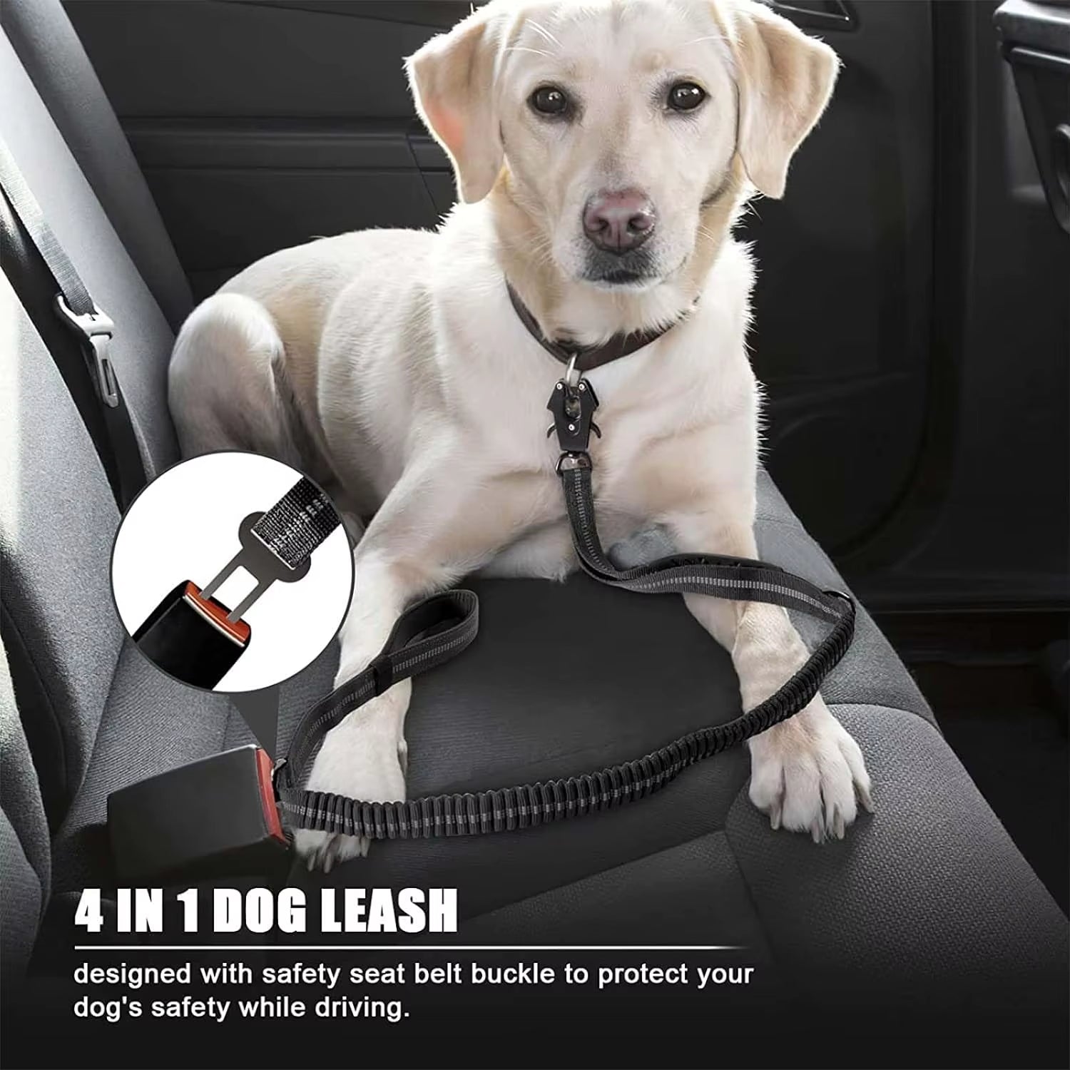 Reflective Bungee Dog Leash – Heavy Duty Tactical Leash with Car Seatbelt for Large Dogs