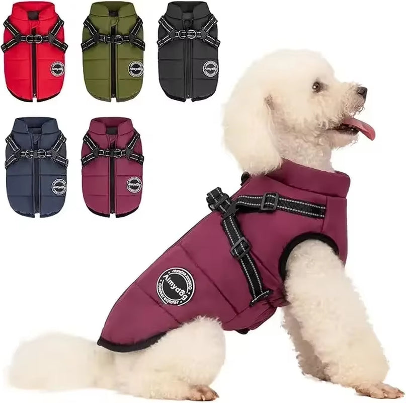 Winter Dog Coat with Harness – 2-in-1 Waterproof Fleece Jacket for Small to Large Dogs | Zipper Design
