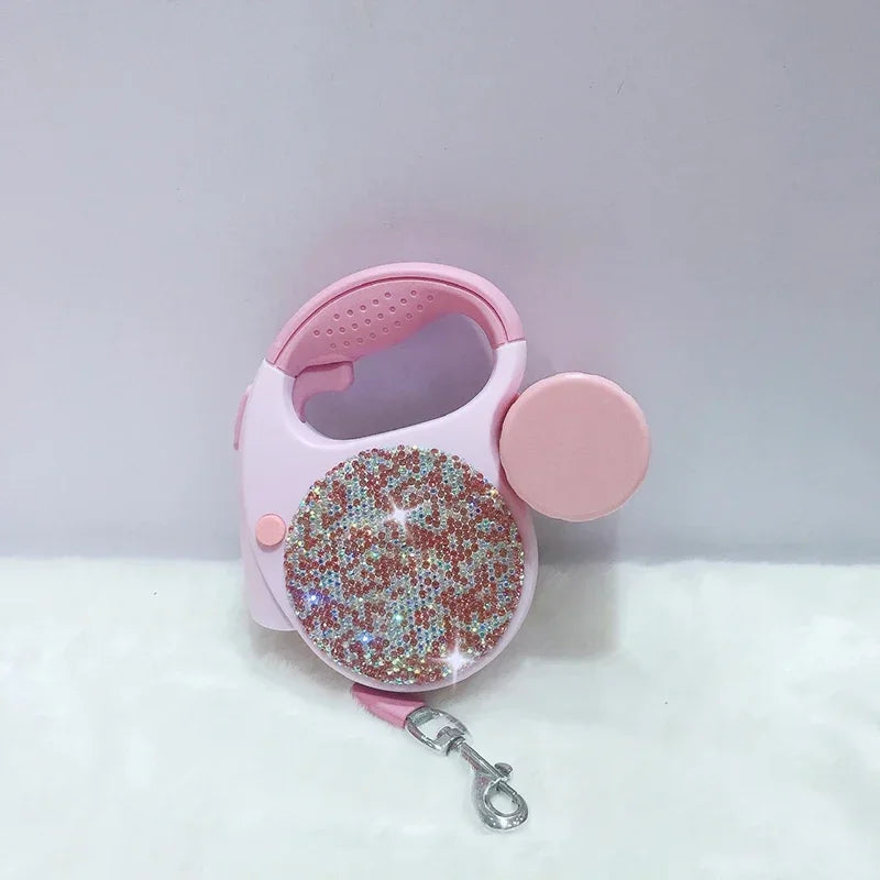 Sparkling Rhinestone Automatic Retractable Pet Leash with LED Light and Garbage Bag Dispenser – 5M Leash for Dogs & Cats