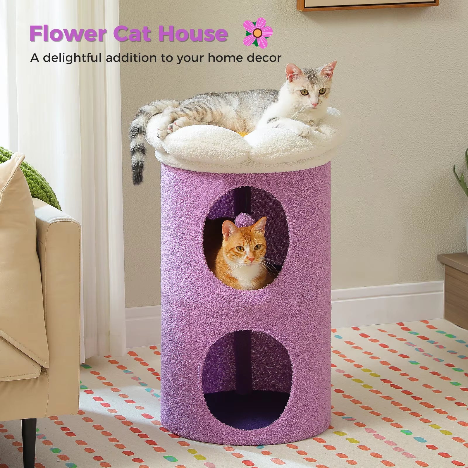2-Storey Cat Bed for Indoor Cats with Removable Flower Perch & Hanging Toy – Comfortable Cat Condo