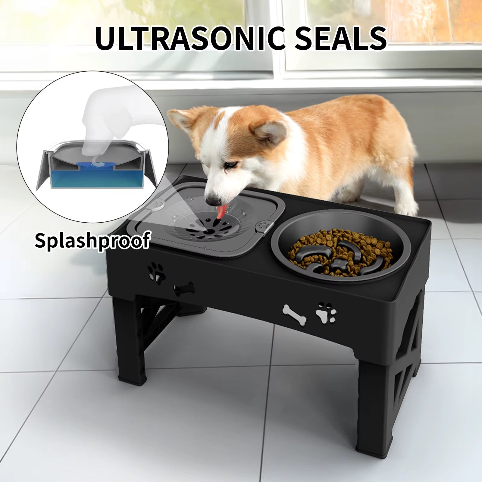 Adjustable Pet Feeder with Slow Feed Bowls | 3-in-1 Double Bowls | Foldable & Height Adjustable for Pets